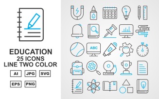 25 Premium Education Line Two Color Icon Set