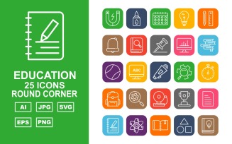 25 Premium Education Round Corner Icon Set
