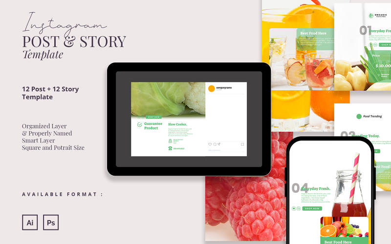 Fresh Food Beverage Instagram Post and Story Template for Social Media