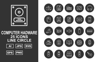 25 Premium Computer Hardware Line Circle Icon Set
