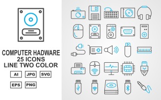 25 Premium Computer Hardware Line Two Color Icon Set