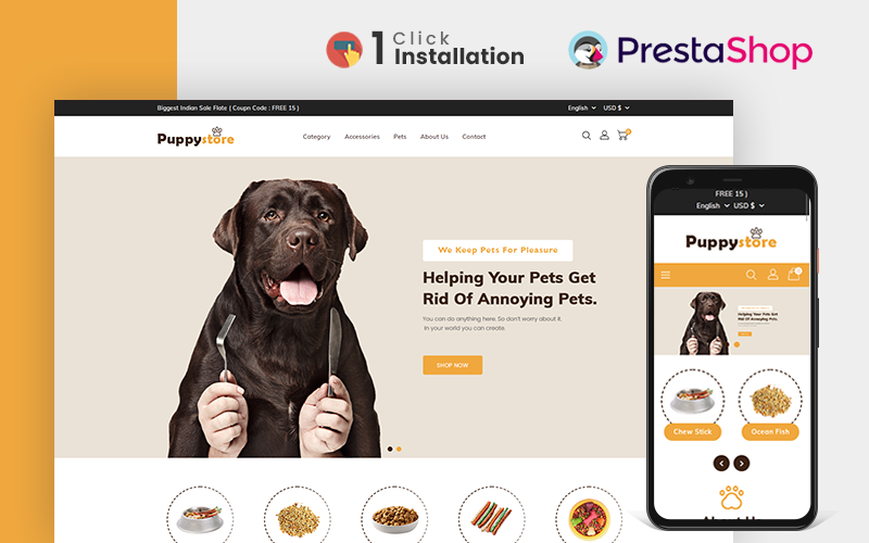 "Puppy Pet Store" 响应式PrestaShop模板 #158529