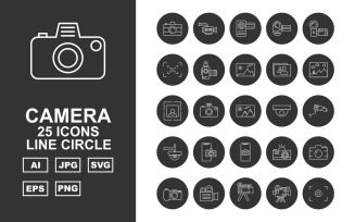 25 Premium Camera Line Circle Icon Set
