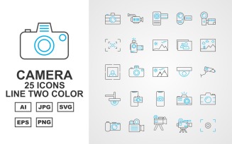 25 Premium Camera Line Two Color Icon Set