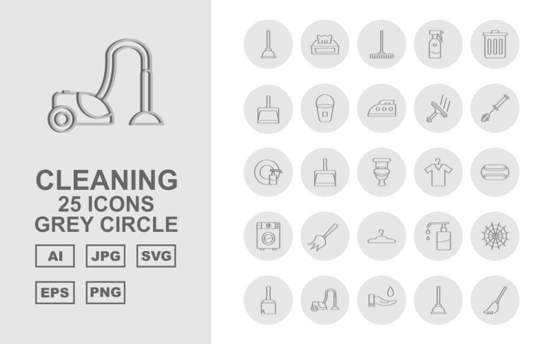 25 Premium Cleaning Grey Circle Icon Pack Set Icon Set