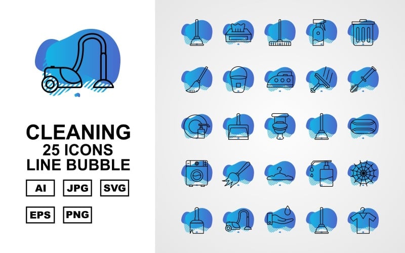 25 Premium Cleaning Line Bubble Icon Set