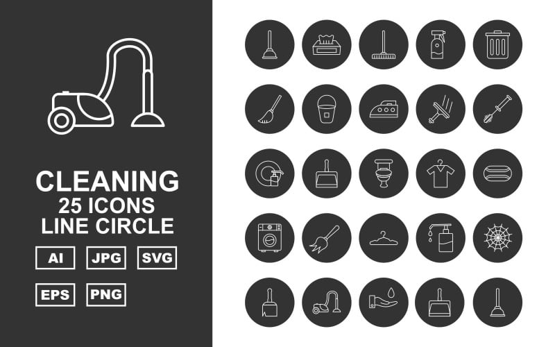 25 Premium Cleaning Line Circle Icon Set