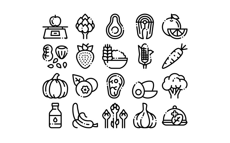 Collection Healthy Food Vector Thin Line Set Icon Icon Set