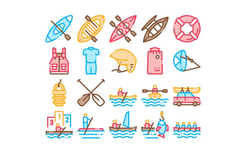 Canoeing Collection Elements Set Vector Icon Icon Set