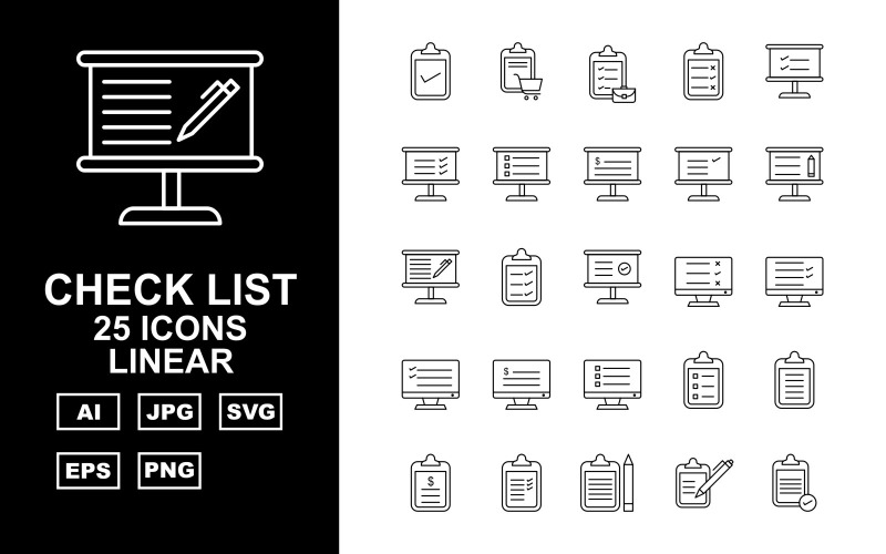 25 Premium Check List Linear Icon Set