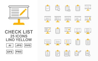 25 Premium Check List Lino Yellow Icon Set