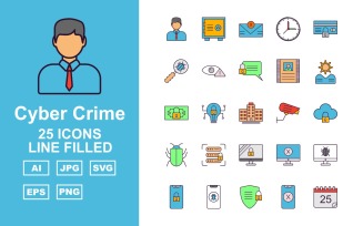 25 Premium Cyber Crime Line Filled Icon Set