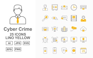 25 Premium Cyber Crime Lino Yellow Icon Set