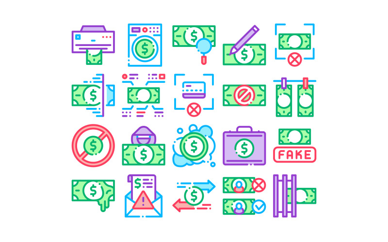 Fake Money Collection Elements Set Vector Icon Icon Set