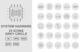 25 Premium System Hadware Grey Circle Icon Set