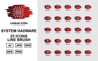 25 Premium System Hadware Line Brush Icon Set
