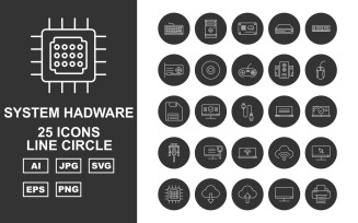 25 Premium System Hadware Line Circle Icon Set