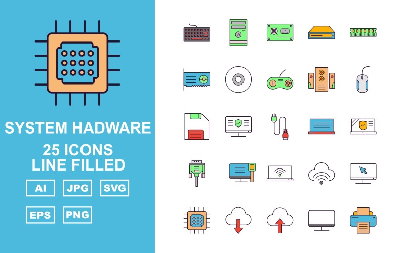 25 Premium System Hadware Line Filled Icon Set