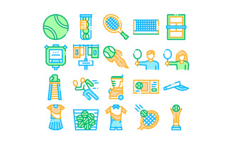 Tennis Game Equipment Collection Set Vector Icon