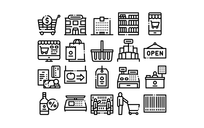 Grocery Shop Shopping Collection Set Vector Icon Icon Set