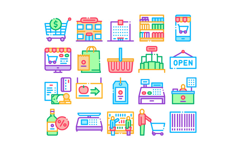 Grocery Shop Shopping Collection Set Vector Icon Icon Set