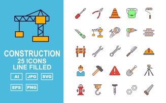 25 Premium Construction Line Filled Pack Icon Set