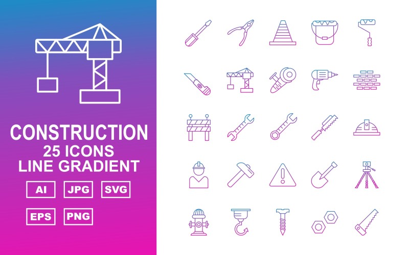 25 Premium Construction Line Gradient Pack Icon Set