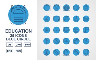 25 Premium Education Blue Circle Pack Icon Set