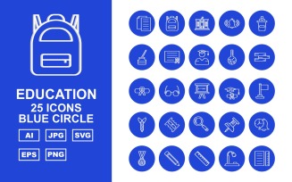 25 Premium Education Blue Circle Pack Icon Set