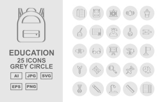 25 Premium Education Grey Circle Pack Icon Set