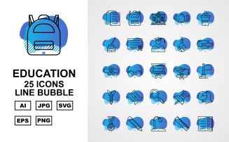 25 Premium Education Line Bubble Pack Icon Set