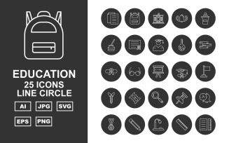 25 Premium Education Line Circle Pack Icon Set