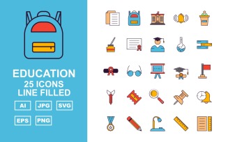25 Premium Education Line Filled Pack Icon Set