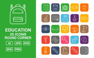 25 Premium Education Round Corner Pack Icon Set