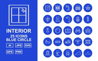 25 Premium Interior Blue Circle Pack Icon Set