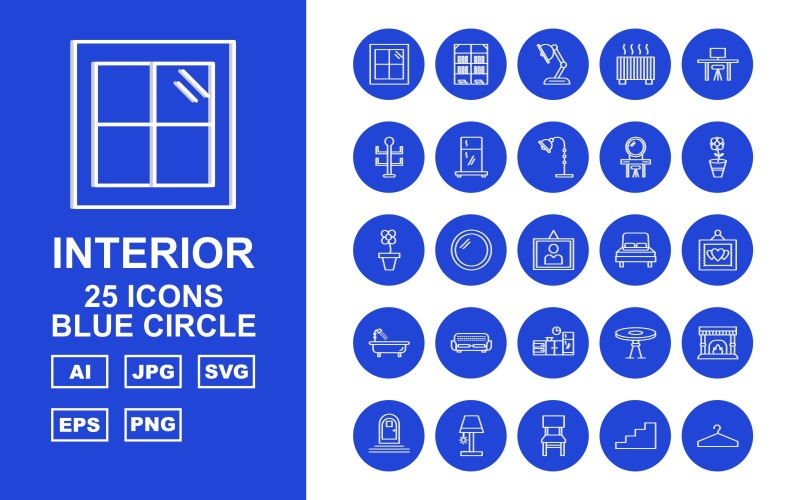 25 Premium Interior Blue Circle Pack Icon Set