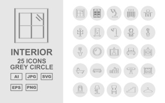 25 Premium Interior Grey Circle Pack Icon Set