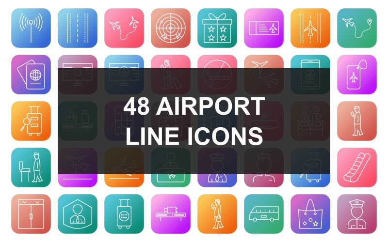48 Airport Line Square Round Gradient Background Icon Set