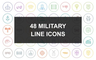 48 Military Line Round Circle Icon Set