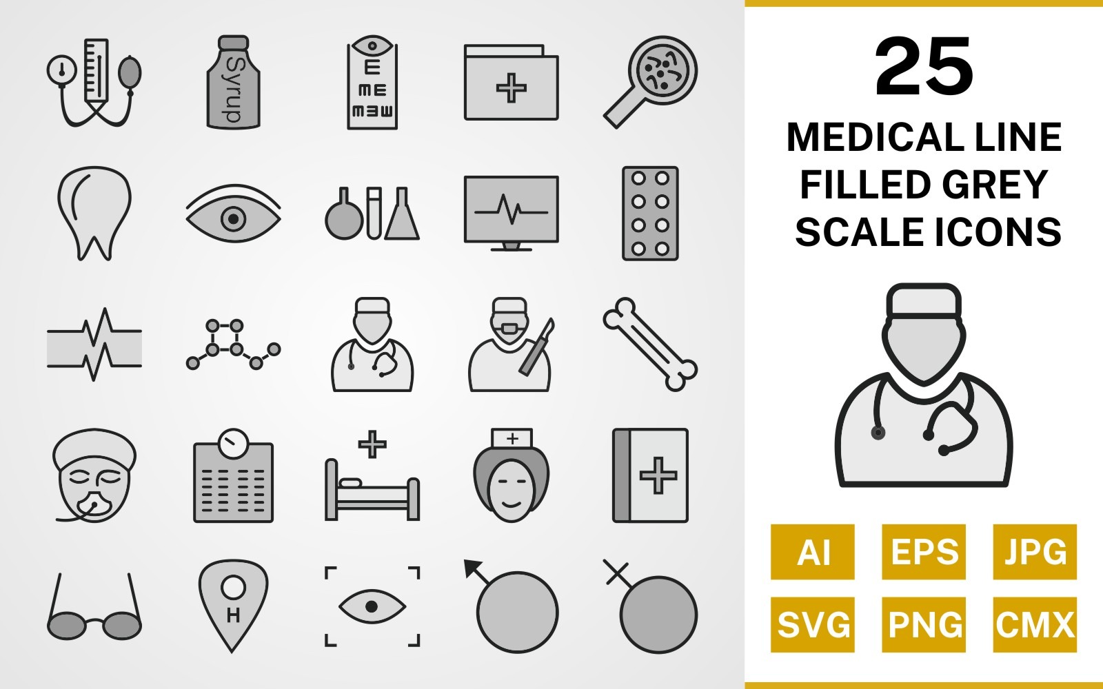25 Medical Line Filled Greyscale Icon Set - TemplateMonster