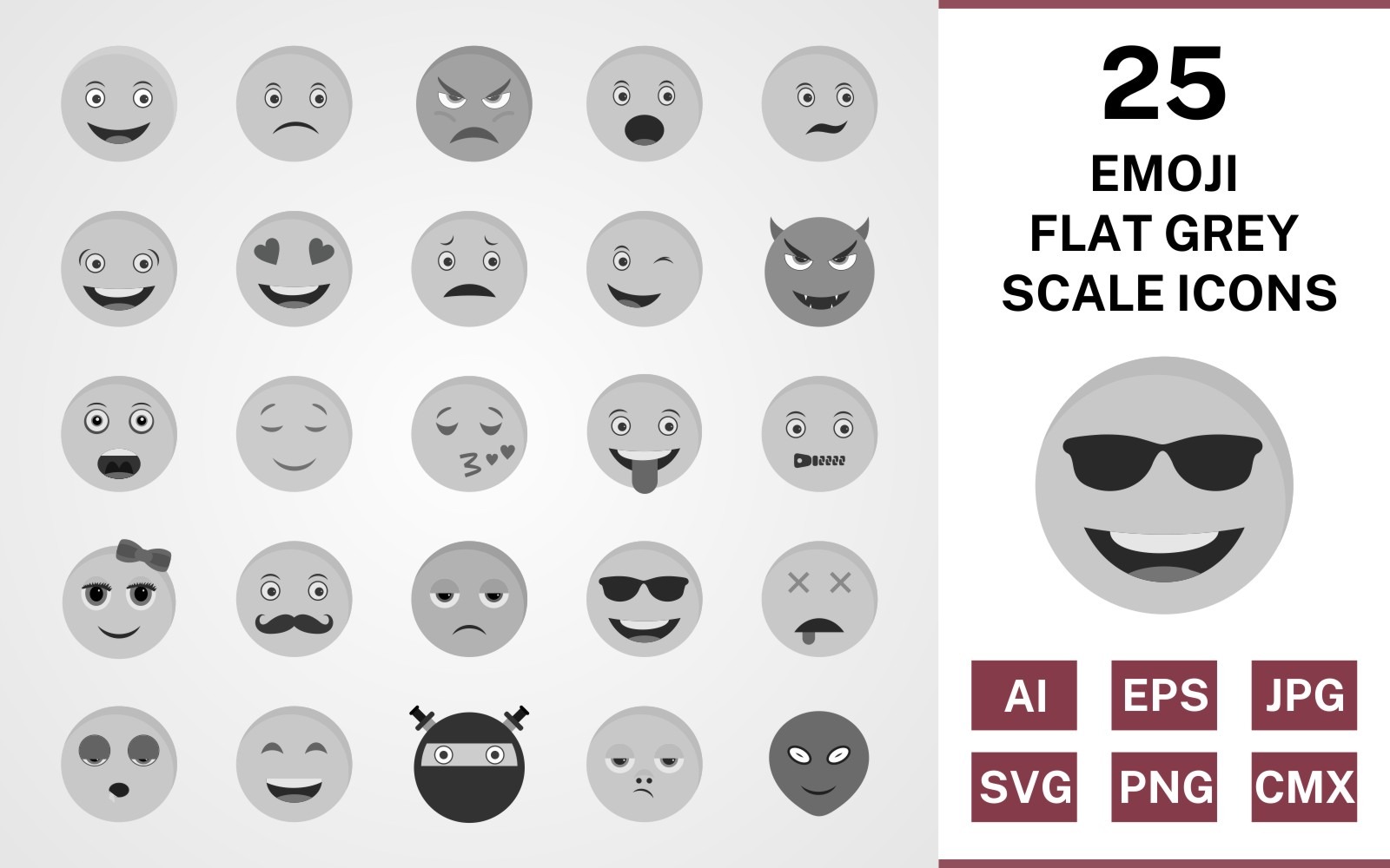 25 Emoji Flat Greyscale Icon Set #121790 - TemplateMonster