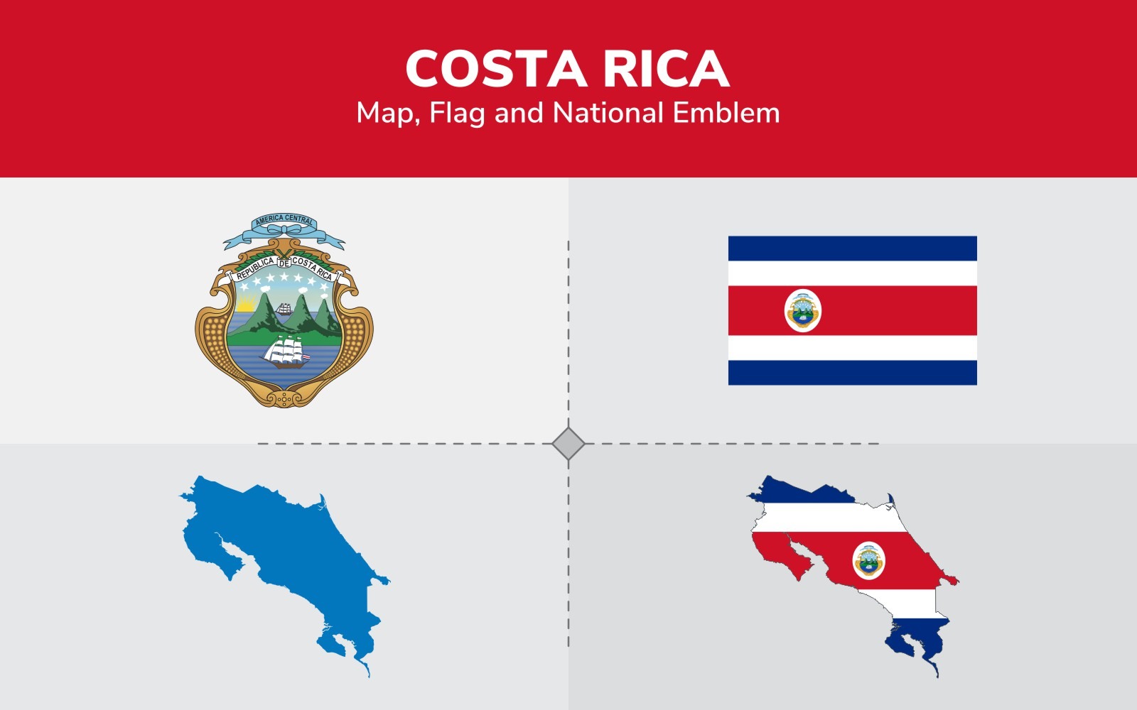 Costa Rica Map, Flag and National Emblem Illustration