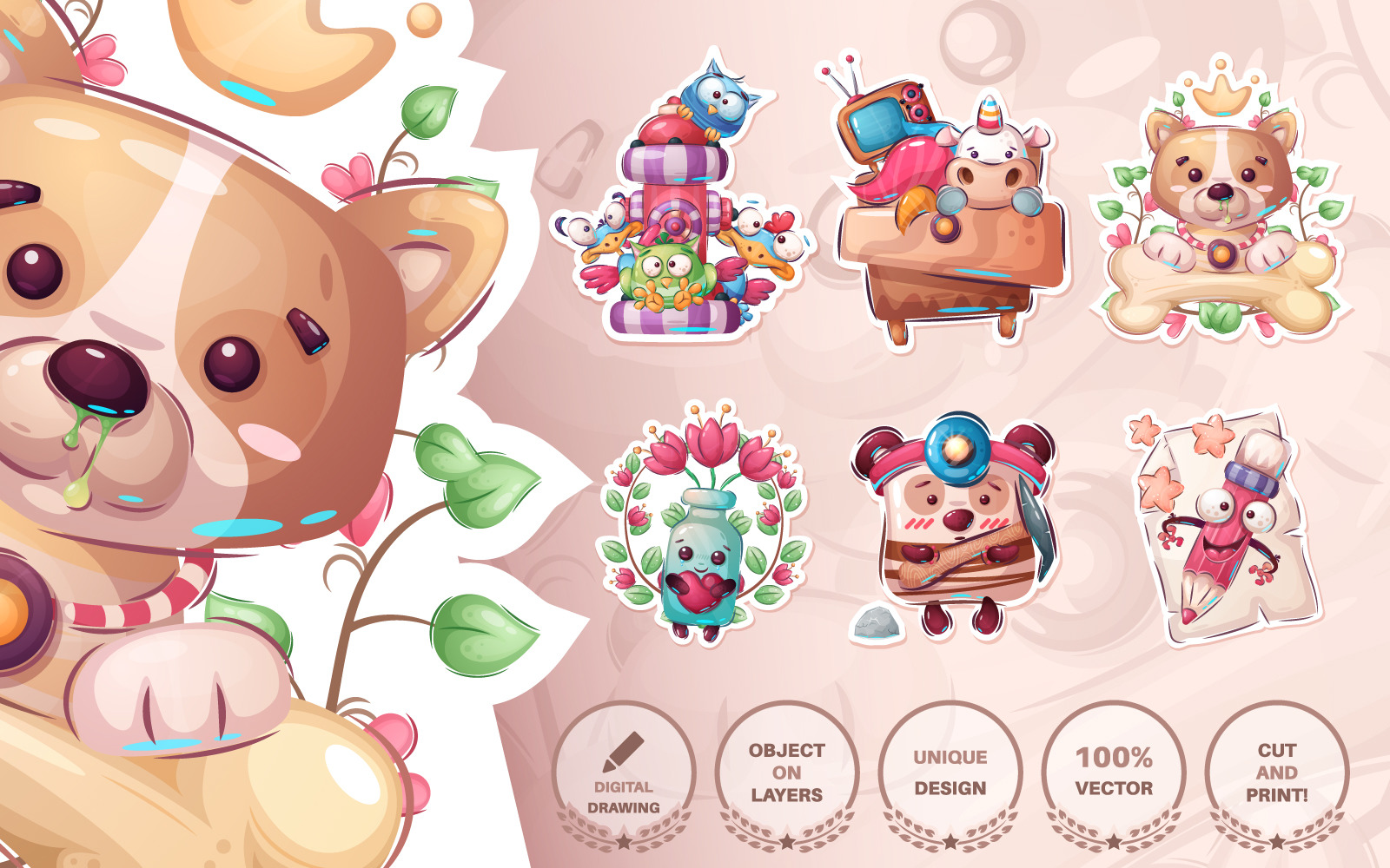 Set cute sticker seamless pattern Illustration