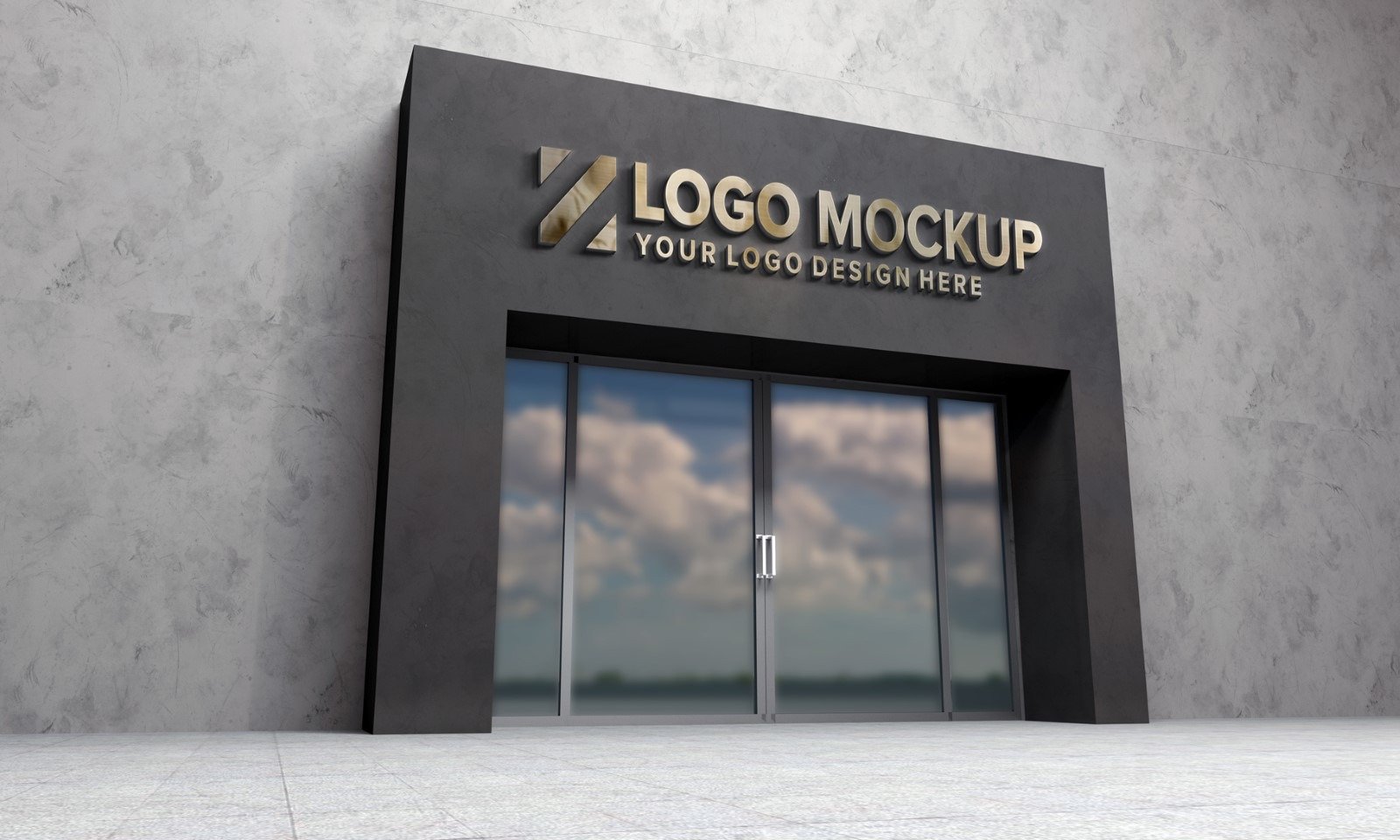 Golden Steel Logo Mockup Store Sign façade Building product mockup