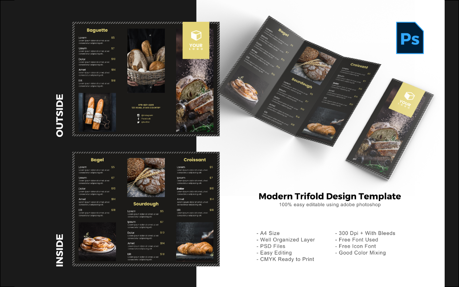 Luxury Bakery Trifold Brochure PSD Template - TemplateMonster
