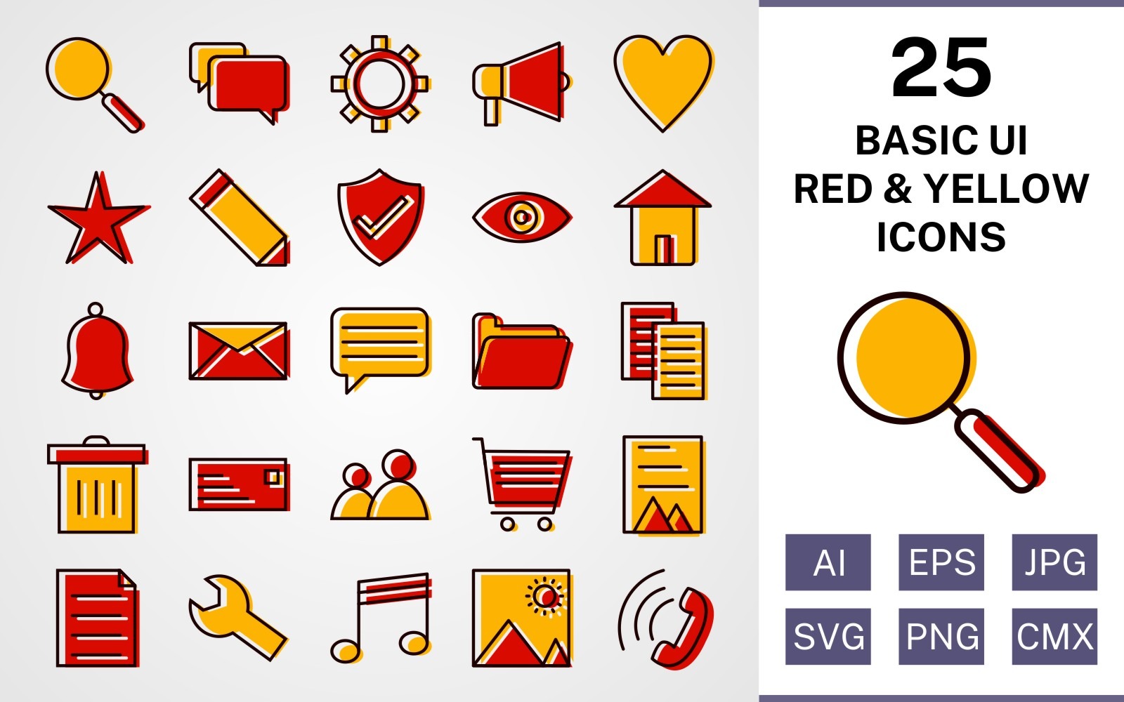 25 conjunto de iconos rojos y amarillos llenos de interfaz de usuario ...
