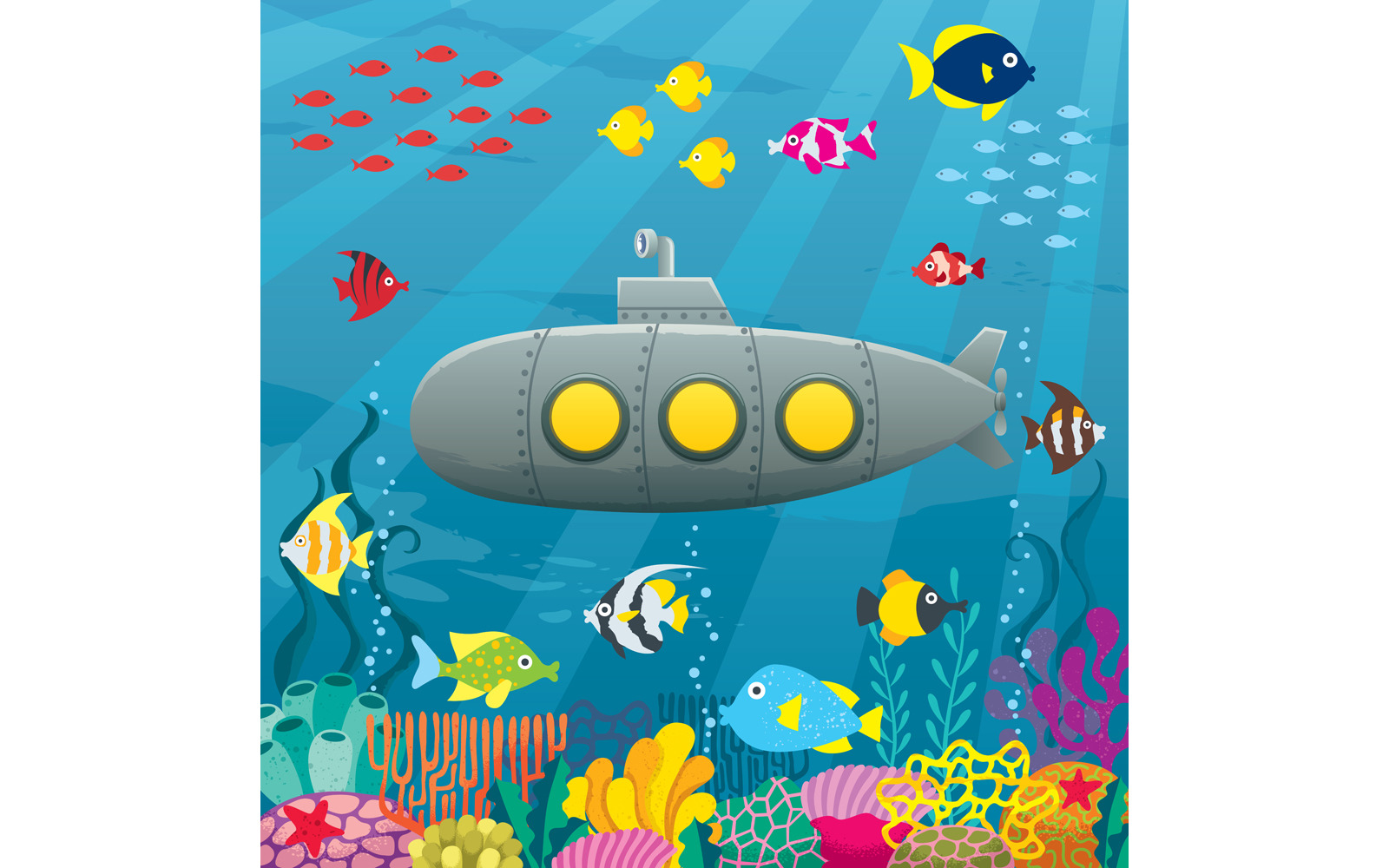 family exploring the deep in a submarine cartoon