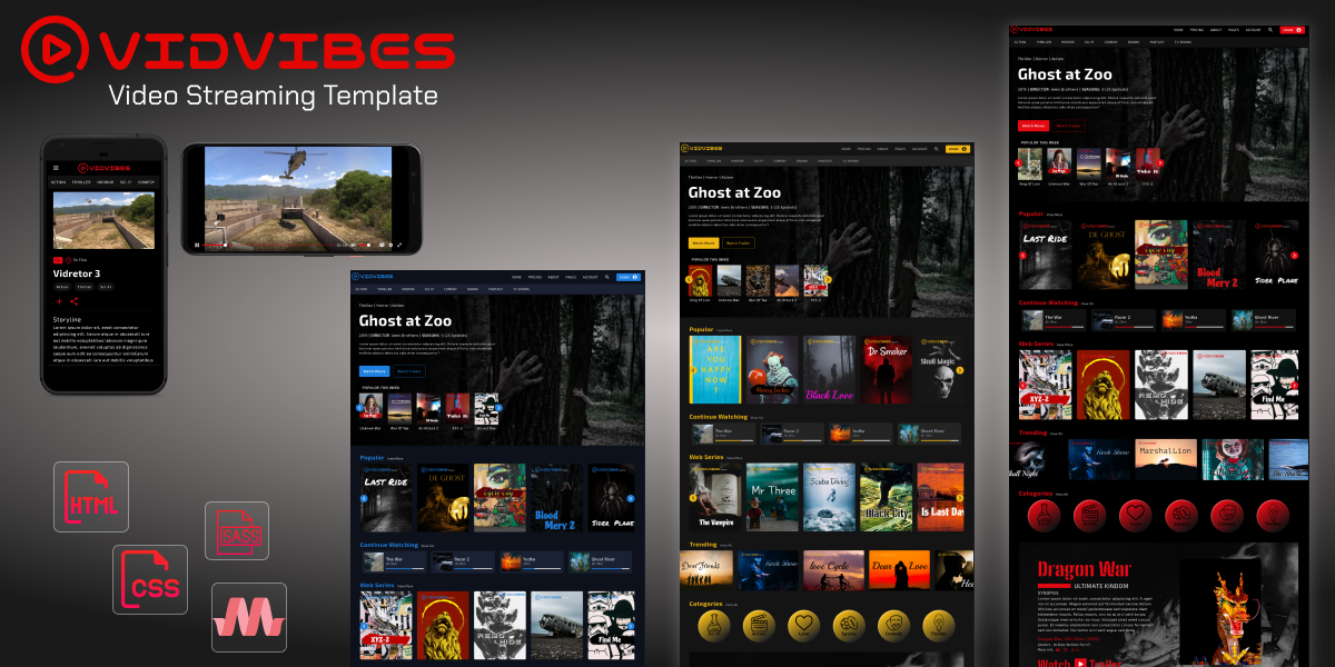 VIDVIBES Video streaming HTMLSASS Template for Movies & Series