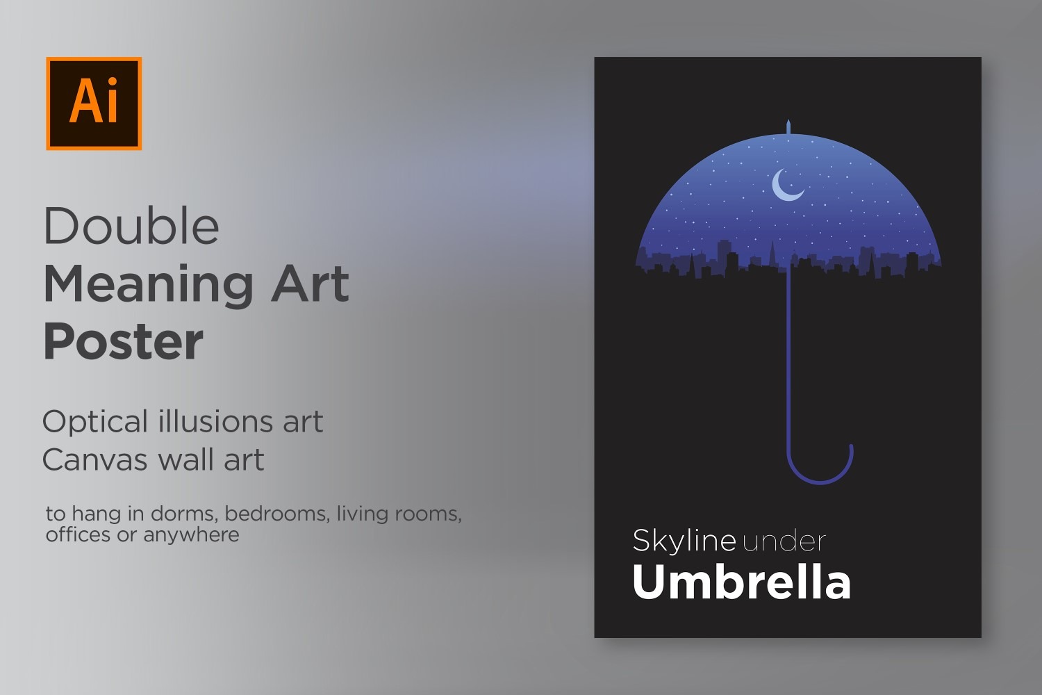 Skyline under Umbrella Double Meaning Poster Illustration