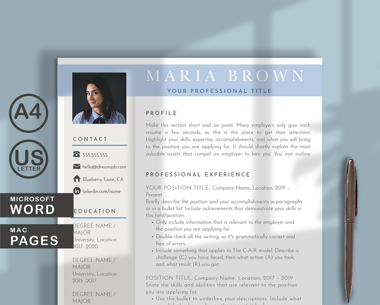 Maria Brown Resume Template for WORDS and PAGES